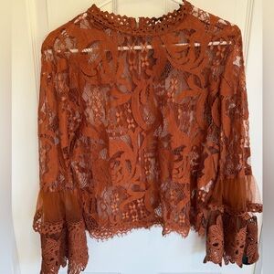 Vivid  Burnt Orange Floral Lace Long-Sleeve Blouse